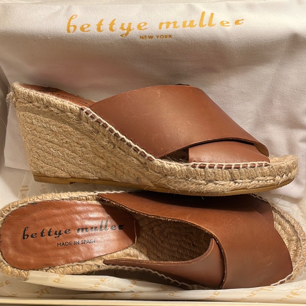 Bettye Muller Dijon Leather Espadrille Platform Wedge Slides